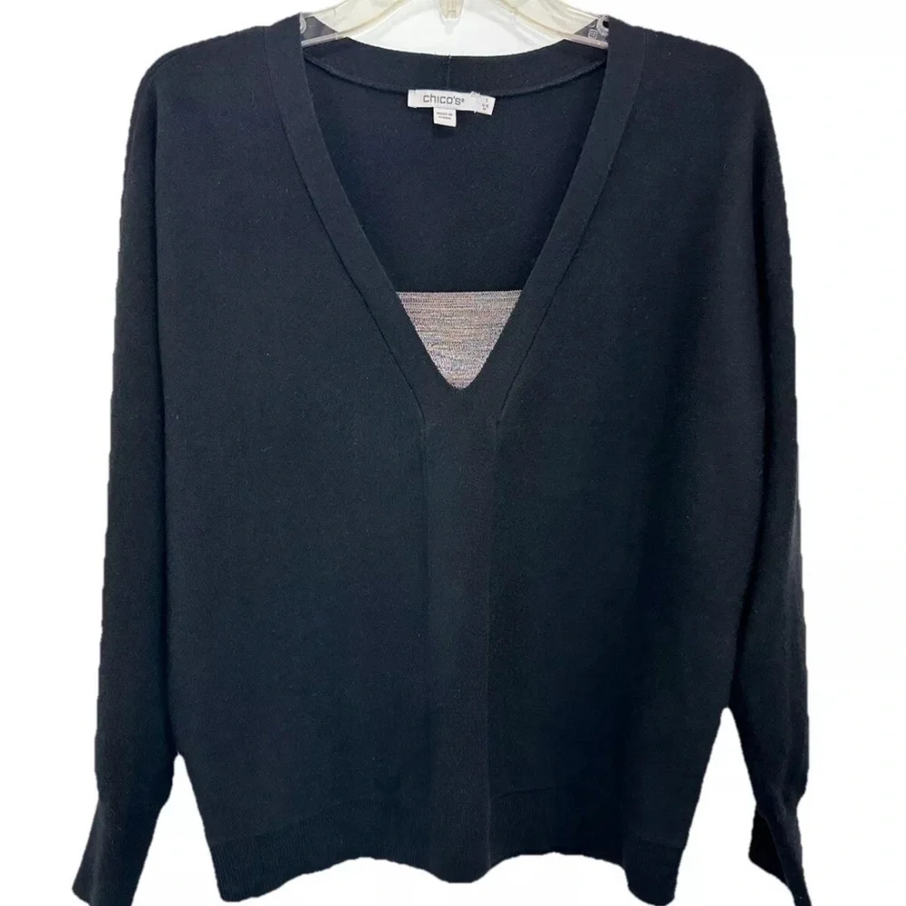 Chico’s 1 Black  Metallic V Neck Sweater Women’s Medium Long Sleeves